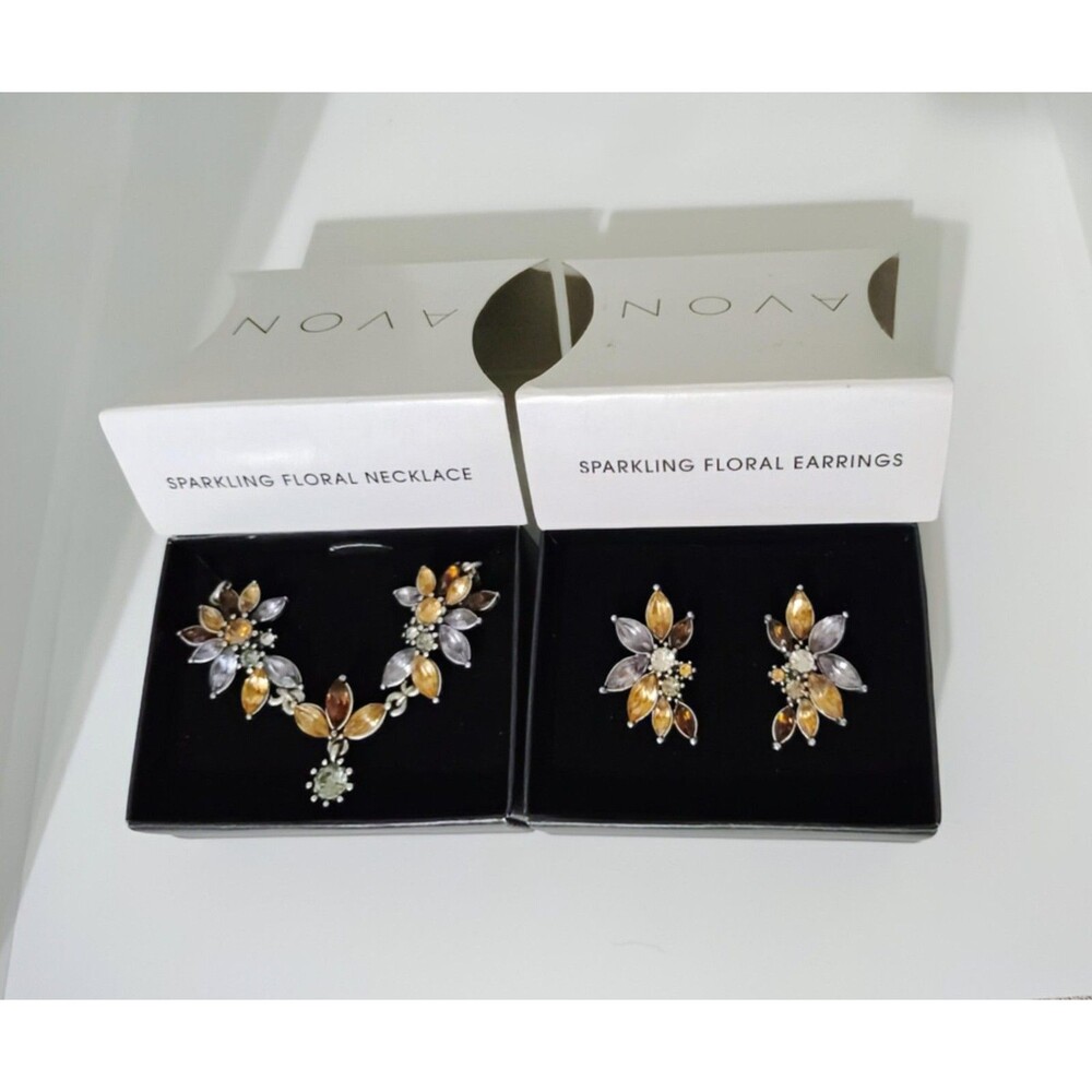 Avon Sparkling Floral Earrings Necklace Box Set Gold Tone Statement Post Jewelry